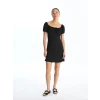 LCW Vision SİYAH Kayık Yaka Düz Kısa Kollu Kadın Elbise