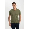 Defacto C5586 Haki New Regular Fit Fermuarlı Kısa Kollu Basic Düz Polo Tişört