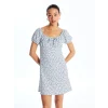 LCW Vision MAVİ Kayık Yaka Çiçekli Kısa Kollu Kadın Elbise