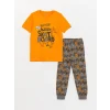 LCW Kids TURUNCU Bisiklet Yaka Baskılı Kısa Kollu Erkek Çocuk Pijama Takımı