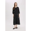 Defacto E8302 Siyah Regular Fit Desenli V Yaka Uzun Kollu Maxi Elbise