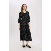 Defacto E8302 Siyah Regular Fit Desenli V Yaka Uzun Kollu Maxi Elbise