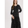 Defacto E8302 Siyah Regular Fit Desenli V Yaka Uzun Kollu Maxi Elbise