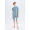 Defacto E0157 Mavi Erkek Çocuk Pijama Takımı Baskılı Kısa Kollu Üst Şort