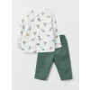 LCW baby EKRU Baskılı Uzun Kollu Erkek Bebek Gömlek ve Pantolon 2li Takım