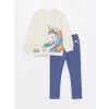 LCW Kids EKRU Bisiklet Yaka Uzun Kollu Kız Bebek Sweatshirt ve Eşofman Alt 2li Takım