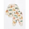 LCW baby EKRU Bisiklet Yaka Uzun Kollu Baskılı Erkek Bebek Sweatshirt ve Eşofman Altı 2li Takım