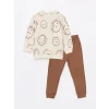 LCW Kids BEJ Bisiklet Yaka Uzun Kollu Baskılı Erkek Bebek Sweatshirt ve Eşofman Altı 2li Takım