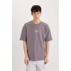 Defacto D5518 Mor Boxy Fit Bisiklet Yaka Baskılı Kısa Kollu Ağır Kumaş Tişört