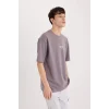 Defacto D5518 Mor Boxy Fit Bisiklet Yaka Baskılı Kısa Kollu Ağır Kumaş Tişört
