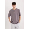 Defacto D5518 Mor Boxy Fit Bisiklet Yaka Baskılı Kısa Kollu Ağır Kumaş Tişört