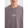 Defacto D5518 Mor Boxy Fit Bisiklet Yaka Baskılı Kısa Kollu Ağır Kumaş Tişört