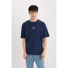Defacto E0331 Lacivert Vikings Valhalla Boxy Fit Bisiklet Yaka Sırt Baskılı Kısa Kollu Tişört