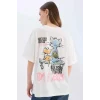 Defacto D9130 Beyaz Coool Tom & Jerry Oversize Geniş Kalıp Bisiklet Yaka Sırt Baskılı Kısa Kollu Tişört