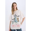 Defacto D9130 Beyaz Coool Tom & Jerry Oversize Geniş Kalıp Bisiklet Yaka Sırt Baskılı Kısa Kollu Tişört