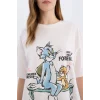 Defacto D9130 Beyaz Coool Tom & Jerry Oversize Geniş Kalıp Bisiklet Yaka Sırt Baskılı Kısa Kollu Tişört