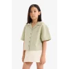 Defacto D7638 Yeşil Kız Çocuk Crop Keten Kısa Kollu Gömlek