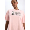 Defacto D8801 Pembe DeFactoFit NBA Wordmark Oversize Geniş Kalıp Bisiklet Yaka Sporcu Kısa Kollu Tişört