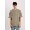 Defacto X3926 Haki Oversize Geniş Kalıp Bisiklet Yaka Kısa Kollu Ağır Kumaş Tişört