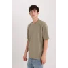 Defacto X3926 Haki Oversize Geniş Kalıp Bisiklet Yaka Kısa Kollu Ağır Kumaş Tişört