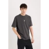 Defacto E1485 Antrasit Boxy Fit Bisiklet Yaka Sırt Baskılı Kısa Kollu Tişört