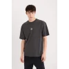 Defacto E1485 Antrasit Boxy Fit Bisiklet Yaka Sırt Baskılı Kısa Kollu Tişört