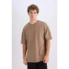 Defacto X3926 Kahve Oversize Geniş Kalıp Bisiklet Yaka Kısa Kollu Ağır Kumaş Tişört