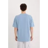 Defacto D5518 Mavi Boxy Fit Bisiklet Yaka Baskılı Kısa Kollu Ağır Kumaş Tişört
