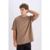 Defacto X3926 Kahve Oversize Geniş Kalıp Bisiklet Yaka Kısa Kollu Ağır Kumaş Tişört