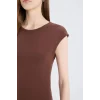Defacto D5220 Kahve Bodycon Vücudu Saran Bisiklet Yaka Ribana Kısa Kollu Midi Elbise