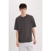 Defacto D9184 Antrasit Boxy Fit Bisiklet Yaka Baskılı Kısa Kollu Ağır Kumaş Tişört