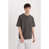 Defacto D9184 Antrasit Boxy Fit Bisiklet Yaka Baskılı Kısa Kollu Ağır Kumaş Tişört