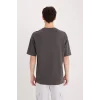 Defacto D9184 Antrasit Boxy Fit Bisiklet Yaka Baskılı Kısa Kollu Ağır Kumaş Tişört