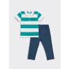 LCW Kids EKRU Polo Yaka Kısa Kollu Çizgili Erkek Bebek Tişört ve Pantolon 2li Takım