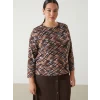 LC WAIKIKI KAHVERENGİ Bisiklet Yaka Desenli Uzun Kollu Kadın Bluz