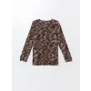 LC WAIKIKI KAHVERENGİ Bisiklet Yaka Desenli Uzun Kollu Kadın Bluz