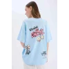 Defacto D9122 Mavi Coool SmileyWorld Oversize Geniş Kalıp Bisiklet Yaka Baskılı Kısa Kollu Tişört