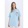 Defacto D9122 Mavi Coool SmileyWorld Oversize Geniş Kalıp Bisiklet Yaka Baskılı Kısa Kollu Tişört
