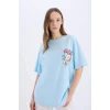 Defacto D9122 Mavi Coool SmileyWorld Oversize Geniş Kalıp Bisiklet Yaka Baskılı Kısa Kollu Tişört