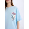 Defacto D9122 Mavi Coool SmileyWorld Oversize Geniş Kalıp Bisiklet Yaka Baskılı Kısa Kollu Tişört