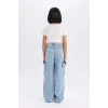 Defacto D9694 Mavi Kız Çocuk Wide Leg Kargo Geniş Paça Pamuklu Jean Pantolon
