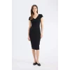 Defacto E7368 Siyah Bodycon Vücudu Saran V Yaka Fitilli Kaşkorse Kısa Kollu Midi Elbise