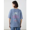 LCW Vision Mavi Bisiklet Yaka Baskılı Oversize Kadın Tişört