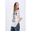 Defacto D9120 Beyaz Coool Tom & Jerry Oversize Geniş Kalıp Bisiklet Yaka Baskılı Kısa Kollu Tişört