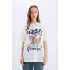Defacto D9120 Beyaz Coool Tom & Jerry Oversize Geniş Kalıp Bisiklet Yaka Baskılı Kısa Kollu Tişört