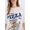 Defacto D9120 Beyaz Coool Tom & Jerry Oversize Geniş Kalıp Bisiklet Yaka Baskılı Kısa Kollu Tişört