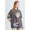 Defacto D9117 Antrasit Coool SpongeBob Oversize Geniş Kalıp Bisiklet Yaka Baskılı Kısa Kollu Tişört