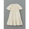 LCW Kids Ekru Basic Müslin Büzgülü Kız Çocuk  Elbise