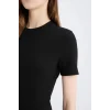 Defacto E6926 Siyah Bodycon Vücudu Saran Bisiklet Yaka Basic Düz Fitilli Kaşkorse Kısa Kollu Midi Elbise