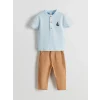 LCW baby Mavi Hakim Yaka Baskılı Erkek Bebek Tişört ve Pantolon 2li